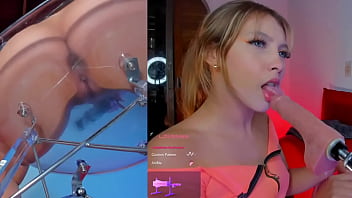 This girl enjoys the machine sucking gently and with the vibrator in her pussy