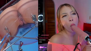 This girl enjoys the machine sucking gently and with the vibrator in her pussy