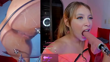 This girl enjoys the machine sucking gently and with the vibrator in her pussy