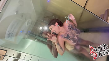 Tattooed latina anal slut gia lov3ly gets her asshole banged on a stripper pole & in a glass shower