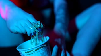 Sexy feet crushing cup noodles