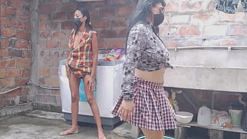 Mature students leave their houses and go to the patio to show off their buttocks and flirt outdoors they are neat and discreet