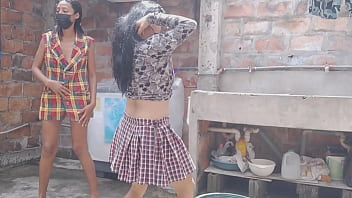 Mature students leave their houses and go to the patio to show off their buttocks and flirt outdoors they are neat and discreet