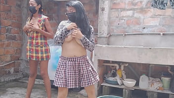 Mature students leave their houses and go to the patio to show off their buttocks and flirt outdoors they are neat and discreet