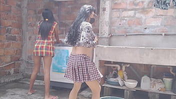 Mature students leave their houses and go to the patio to show off their buttocks and flirt outdoors they are neat and discreet