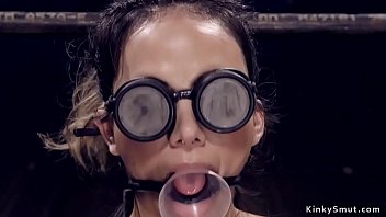 Big tits brunette slut bent forward in metal device gets nipples weighted