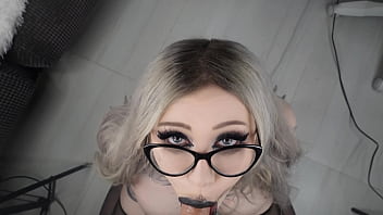 Gothic slut takes deep in mouth and takes a lot of cum on face bukkake