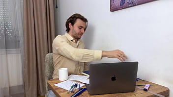 Horny female boss pulls down pantyhose and makes employee worship her pussy