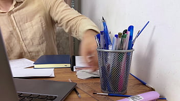 Horny female boss pulls down pantyhose and makes employee worship her pussy