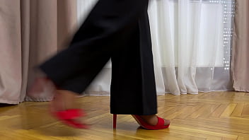 Horny female boss pulls down pantyhose and makes employee worship her pussy