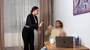 Horny female boss pulls down pantyhose and makes employee worship her pussy