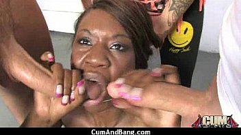 Ebony babe sucks group of white guys 25