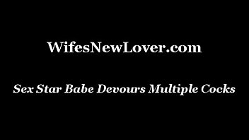 Sex star babe devours multiple cocks