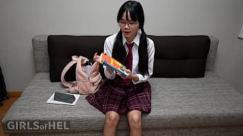Naughty student shows what's in her bag gets toys in her holes