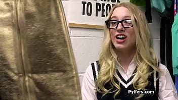 Not so innocent blonde gags and fucks for stealing a dress