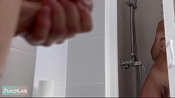 Caught me jerking off while she showering lick and fuck her meaty pussy