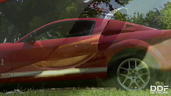 College hottie gives car body shine with t&a