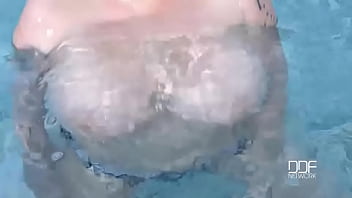 Pool hooters & black brunette with big tits masturbates