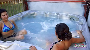 Brunette horny coeds jamie litton and vicky share a cock in the hot tub