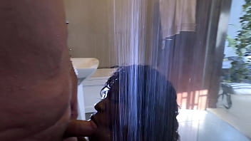Hot ebony milf tries her new toy in shower and gets caught
