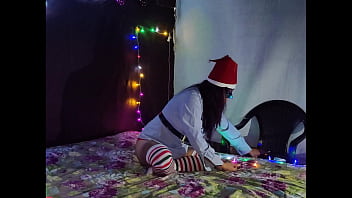 Beautiful brunette latina receives christmas in her bed while touching her big tits and her wet vagina she moans with passion while she gets doggy showing her vagina