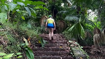 In the ruins of the abandoned house in the jungle i walk down and up the remaining stairs and give a brief flash at
