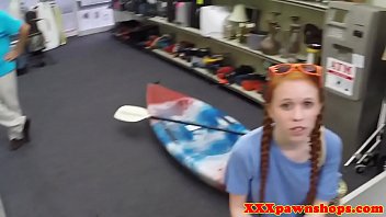 Redhead pawnshop girl cocksucking before sex