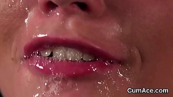 Slutty honey gets jizz load on her face sucking all the jizm
