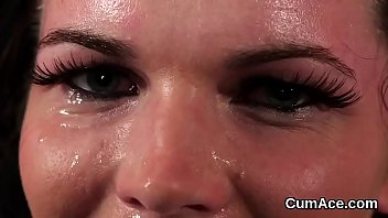 Slutty honey gets jizz load on her face sucking all the jizm