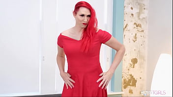 Tranny With Red Hair Stockings And Red Lingerie Masturbates thumbnail