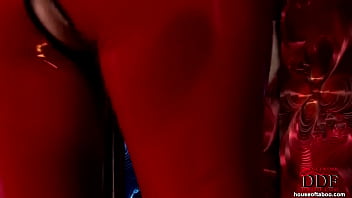 Blonde pole dancing in latex