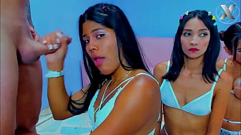 Wild throat expansion for this brunette slut in orgy with her bisexual friends