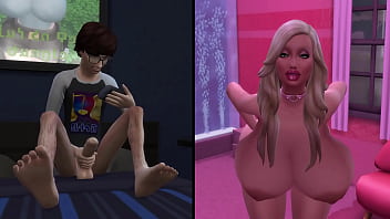 Pervert masturbating to a busty bimbo