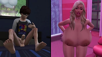 Pervert masturbating to a busty bimbo