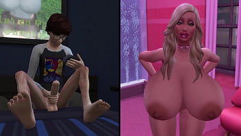 Pervert masturbating to a busty bimbo