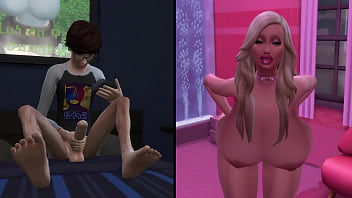 Pervert masturbating to a busty bimbo