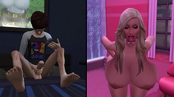 Pervert masturbating to a busty bimbo