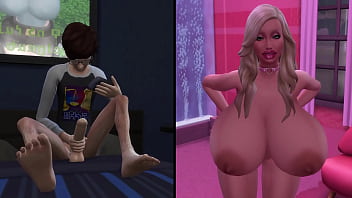 Pervert masturbating to a busty bimbo