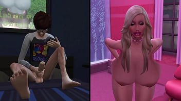 Pervert masturbating to a busty bimbo