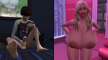 Pervert masturbating to a busty bimbo