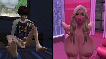 Pervert masturbating to a busty bimbo