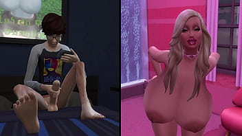 Pervert masturbating to a busty bimbo