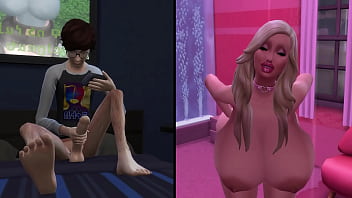 Pervert masturbating to a busty bimbo