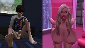 Pervert masturbating to a busty bimbo