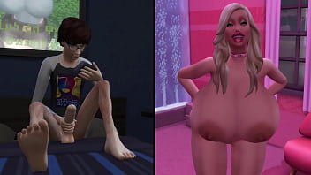 Pervert masturbating to a busty bimbo