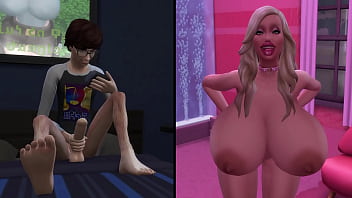 Pervert masturbating to a busty bimbo