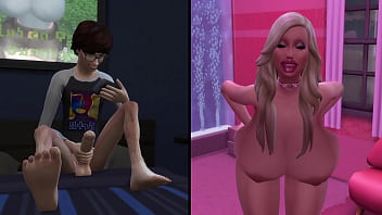 Pervert masturbating to a busty bimbo