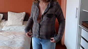 Totally naked stepmother shows off and wears jeans without panties