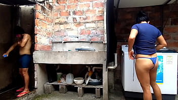 Horny neighbor enters my humble bathroom fucking my neighbor squirts cums