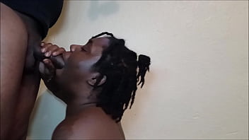 Darkchocolatebarbie sucks a big dick until he cums on her tits